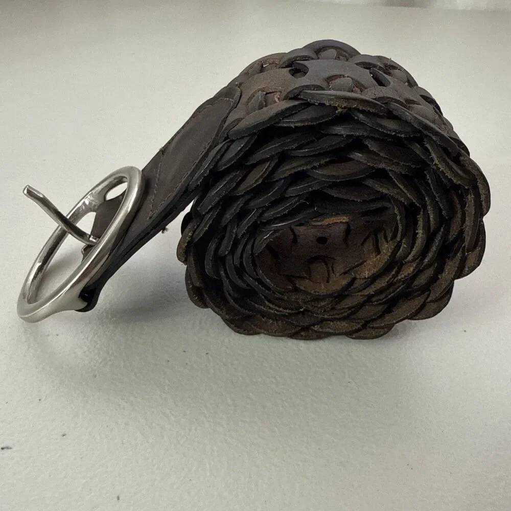 Brown Woven Linked Leather Belt with Silver Colored Round Buckle Size Medium